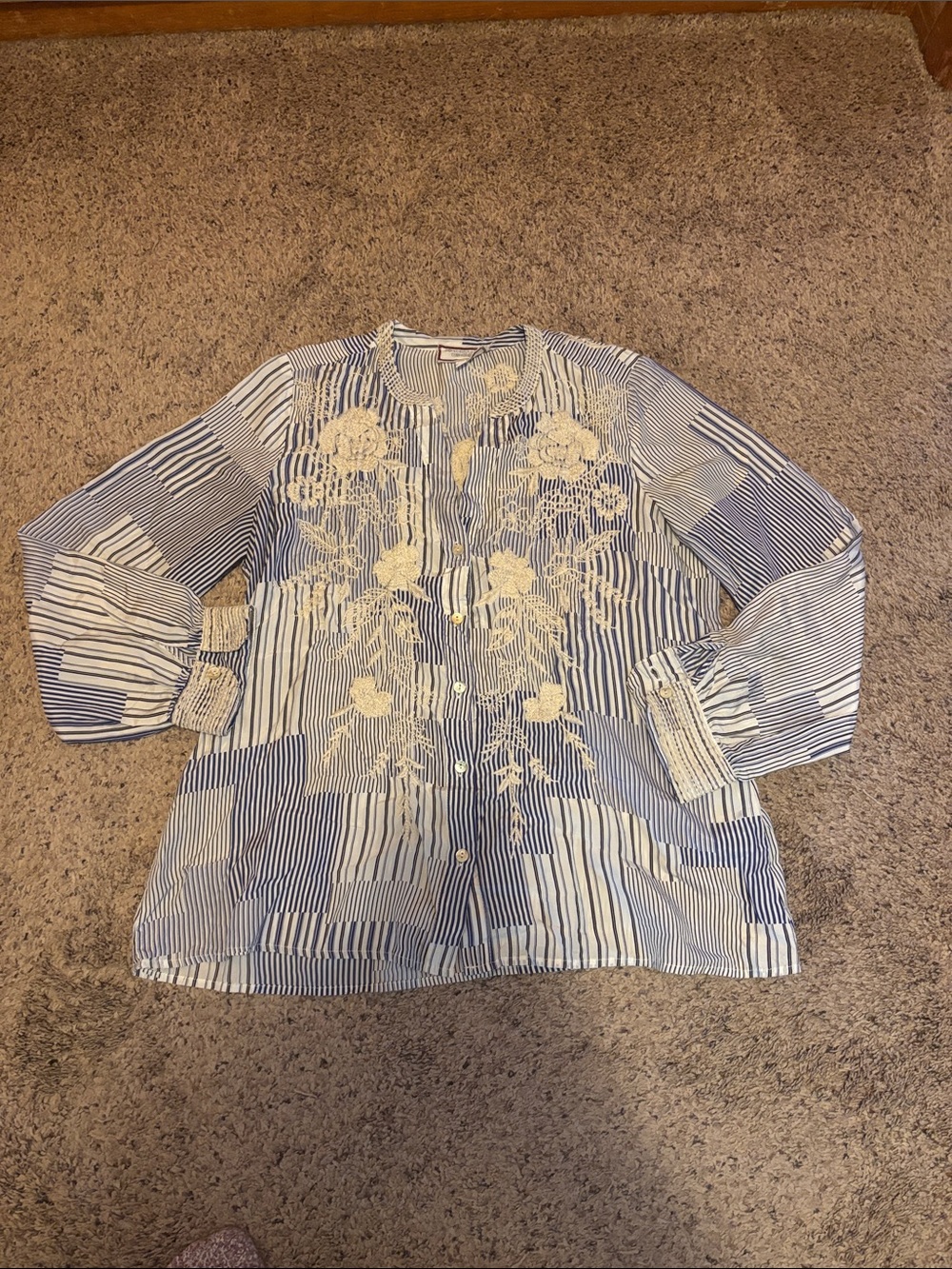Johnny Was Workshop Striped Button-Up Blouse Cream Floral Embroidery S M